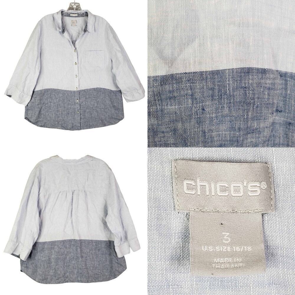 Chico's Two-Tone Blue and White Button-Down Linen Shirt